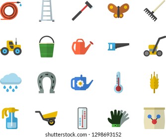 Color flat icon set ax flat vector, thermometer, ear, pulverizer, horseshoe, tractor, hose, saw, rake, watering can, bucketful, ladder, garden wheelbarrow, gloves, butterflies, lawn mower, rain