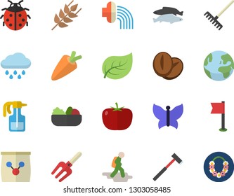 Color flat icon set ax flat vector, tomato, ear, carrot, salad, coffee beans, fish, pulverizer, ladybird, pitchfork, rake, hose irrigation, butterflies, rain, fertilizer vectory, tree leaf, hike