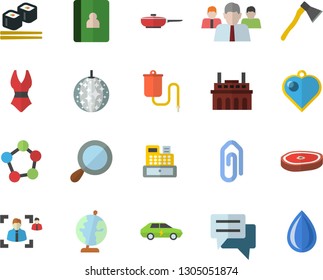 Color flat icon set ax flat vector, frying pan, chop, fish rolls, plant, electric cars, team, chat, cash machine, medical warmer, molecules, recruitment, globe, swimsuit, disco ball fector, clip