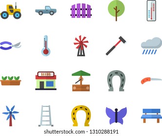 Color flat icon set ax flat vector, thermometer, windmill, well, pickup truck, tree, grain warehouse, horseshoe, tractor, fence, knife, secateurs, ladder, seedlings, butterflies, rain, bench
