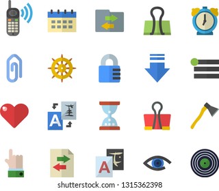 Color flat icon set ax flat vector, phone call, menu, download, file sharing, translate, clip, hourglass, calendar, binder, steering wheel, lock, indicate, heart, alarm clock, eye, target