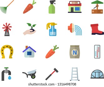 Color flat icon set ax flat vector, thermometer, windmill, fertilizer vectory, well, carrot, pulverizer, grain warehouse, horseshoe, seedlings, rake, hose irrigation, ladder, garden wheelbarrow