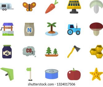 Color flat icon set ax flat vector, canned food, mushroom, tomato, jam, honeycomb, fertilizer vectory, well, carrot, tractor, butterflies, solar battery, forest, carbon dioxide, sports flag, island