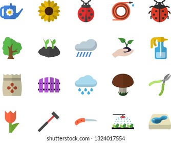 Color flat icon set ax flat vector, mushroom, seeds, tree, flower, pulverizer, ladybird, sprinkling machine, hose, fence, knife, seedlings, watering can, planting plants, tulip, rain, pool