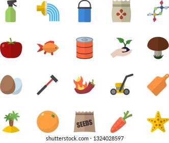 Color flat icon set ax flat vector, hiking pot, cutting board, egg, tomato, fish, canned food, hot peppers, orange, mushroom, seeds, carrot, pulverizer, seedlings, hose irrigation, lawn mower, dna