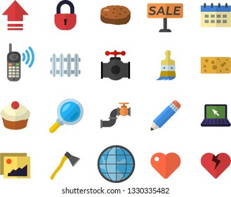 Color flat icon set ax flat vector, cheese, cupcake, cutlet, paint brush, main pipeline, radiator, magnifier, earth, phone call, sell out, heart, pencil, laptop, gallery, upload, calendar, lock