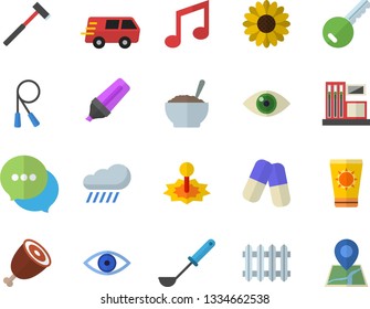 Color flat icon set ax flat vector, ladle, porridge, ham, flower, rain, gas station, laser, radiator, marker, chat, trucking, pills, eye, skipping rope, sun protection cream fector, key, note