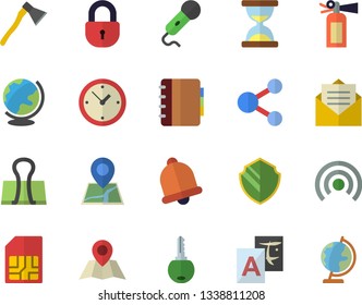 Color flat icon set ax flat vector, SIM card, security fector, bell, share, broadcast, translate, hourglass, binder clip, fire extinguisher, message, microphone, clock, lock, key, notebook, location