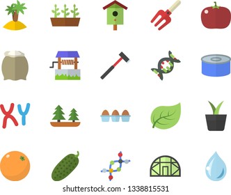 Color flat icon set ax flat vector, flour, egg, canned food, tomato, cucumber, orange, well, nesting box, home plant, pitchfork, seedlings, greenhouse, tree leaf, forest, chromosomes, dna, drop
