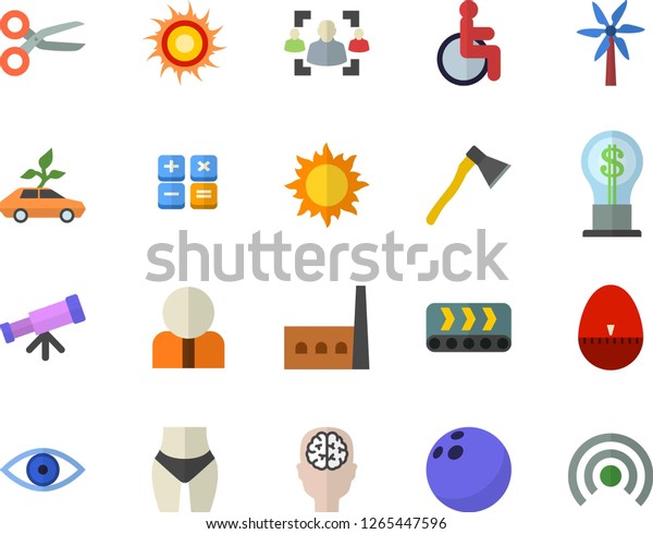 Color flat icon set ax flat vector, kitchen egg\
timer, windmill, sun, manufactory, conveyor, eco cars, person,\
idea, calculator, disabled, eye, recruitment, telescope, brain\
fector, bowling ball