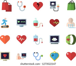 Color flat icon set bags flat vector, blood transfusion, heart, computer diagnostics of health, stethoscope, ultrasound, heartbeat, Treadmill, fitness bracelet, pendant fector