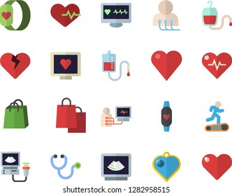 Color flat icon set bags flat vector, blood transfusion, heart, computer diagnostics of health, stethoscope, ultrasound, heartbeat, Treadmill, fitness bracelet, pendant fector Color flat icon set bags flat vector, blood transfusion, heart, computer diagnostics of health, stethoscope, ultrasound, heartbeat, Treadmill, fitness bracelet, pendant fector