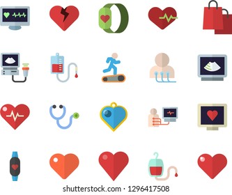 Color flat icon set bags flat vector, blood transfusion, heart, computer diagnostics of health, stethoscope, ultrasound, heartbeat, Treadmill, fitness bracelet, pendant fector