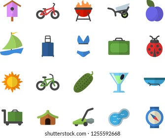 Color flat icon set barbecue flat vector, cucumber, cocktail, plum, nesting box, ladybird, garden wheelbarrow, sun, lawn mower, pond, sailboat, bicycle, swimsuit, suitcase fector, tent, luggage