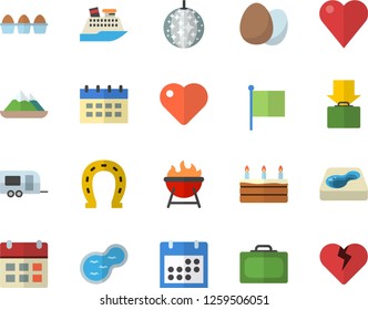 Color flat icon set barbecue flat vector, egg, cake, horseshoe, pond, pool, flag, heart, calendar, trailer fector, suitcase, get luggage, disco ball, cruise ship, mountains