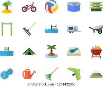 Color flat icon set barbecue flat vector, canned food, rake, watering can, garden wheelbarrow, bench, pond, pool, volleyball, bicycle, parallel bars, trailer fector, hang glider, tent, island