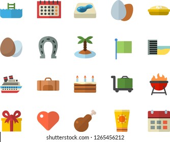 Color flat icon set barbecue flat vector, egg, cake, pie, chicken, horseshoe, pool, flag, calendar, present, heart, sport bag, hotel first line fector, sun protection cream, island, luggage trolley