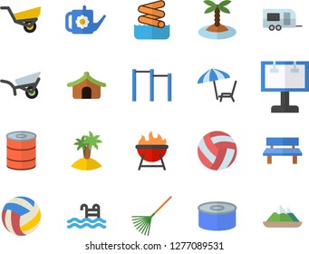 Color flat icon set barbecue flat vector, canned food, rake, watering can, garden wheelbarrow, bench, billboard, volleyball, parallel bars, pool, trailer fector, tent, chaise lounge, island