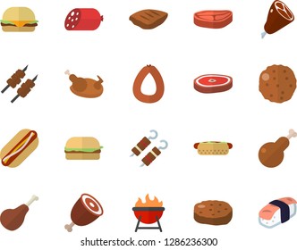 Color flat icon set barbecue flat vector, chop, ham, sausage, hamburger, hot dog, chicken, shashlik, cutlet, sashimi