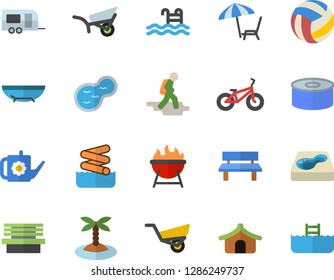 Color flat icon set barbecue flat vector, canned food, watering can, garden wheelbarrow, bench, pond, pool, volleyball, bicycle, trailer fector, hike, tent, sea beach, chaise lounge, island