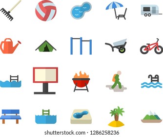 Color flat icon set barbecue flat vector, rake, watering can, garden wheelbarrow, bench, pond, pool, billboard, volleyball, bicycle, parallel bars, trailer fector, hike, tent, chaise lounge, island
