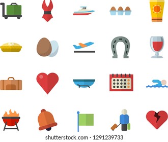 Color flat icon set barbecue flat vector, egg, pie, wine, horseshoe, flag, calendar, heart, swimsuit, swimming, sport bag, luggage fector, departure, sea beach, sun protection cream, trolley, yacht