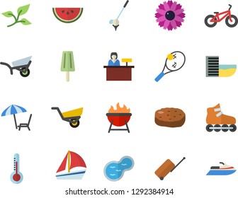 Color flat icon set barbecue flat vector, watermelon, cutlet, ice cream, thermometer, flower, garden wheelbarrow, pond, tree leaf, sailboat, bicycle, roller Skates, luggage fector, hotel first line
