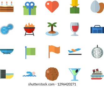 Color flat icon set barbecue flat vector, egg, cake, cutlet, wine, cocktail, pond, flag, present, heart, swimming, sport bag, hotel first line fector, departure, get luggage, sea beach, island