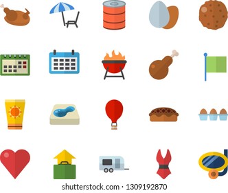 Color flat icon set barbecue flat vector, egg, canned food, pie, chicken, cutlet, pool, flag, calendar, heart, swimsuit, trailer vector, balloon, hand luggage, chaise lounge, sun protection cream