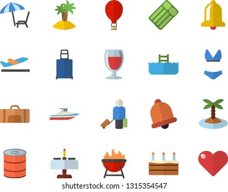 Color flat icon set barbecue flat vector, canned food, cake, wine, swimsuit, sport bag, balloon fector, luggage, departure, chaise lounge, island, romantic dinner, pool, yacht, inflatable mattress