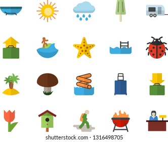 Color flat icon set barbecue flat vector, ice cream, mushroom, nesting box, ladybird, tulip, rain, pool, trailer fector, hike, get luggage, hand, sea beach, sun, island, surfing, starfish, aquapark