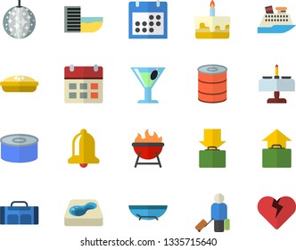 Color flat icon set barbecue flat vector, canned food, cake, pie, cocktail, pool, calendar, sport bag, luggage fector, hotel first line, get, hand, sea beach, disco ball, romantic dinner, bell
