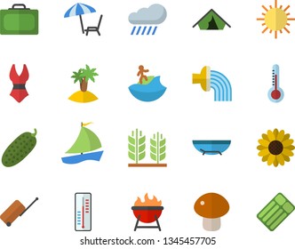 Color flat icon set barbecue flat vector, mushroom, cucumber, thermometer, flower, hose irrigation, sun, rain, sailboat, ear, swimsuit, luggage  , suitcase, tent, sea beach, chaise lounge
