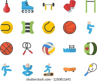 Color flat icon set barbell flat vector, skateboard, basketball, volleyball, skipping rope, carpal expander, parallel bars, sports pear, tennis ball, boxing gloves, roller Skates, yoga, Treadmill