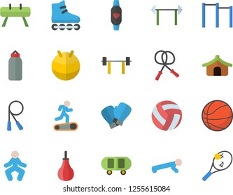 Color flat icon set barbell flat vector, skateboard, basketball, volleyball, skipping rope, parallel bars, sports equipment horse, pear, fitball, boxing gloves, roller Skates, Treadmill, gymnastics