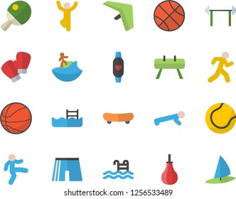 Color flat icon set barbell flat vector, skateboard, basketball, sports equipment horse, pear, athletic shorts, tennis ball, boxing gloves, gymnastics, push up, run, pool, fitness bracelet, table