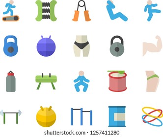 Color flat icon set barbell flat vector, weight, muscles, buttocks, waistline, carpal expander, parallel bars, sports equipment horse, pear, fitball, Treadmill, gymnastics, swing press, proteins