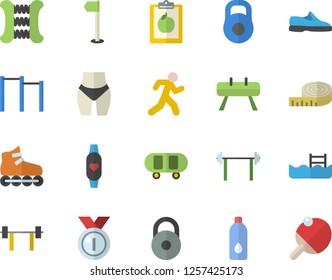 Color flat icon set barbell flat vector, weight, medal, sneakers, skateboard, diet, centimeter, waistline, carpal expander, parallel bars, sports equipment horse, flag, roller Skates, run, water