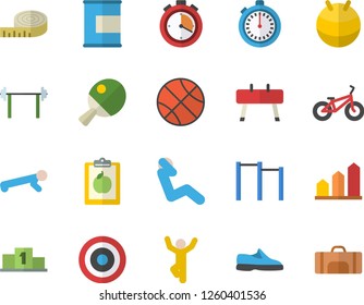 Color flat icon set barbell flat vector, pedestal, sneakers, basketball, diet, achievement chart, centimeter, bicycle, stopwatch, parallel bars, sports equipment horse, fitball, target, push up