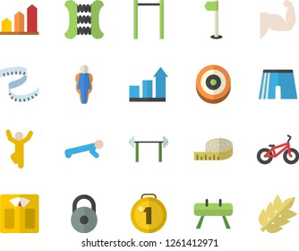 Color flat icon set barbell flat vector, weight, medal, achievement chart, weighing machine, centimeter, muscles, bicycle, carpal expander, parallel bars, sports equipment horse, athletic shorts
