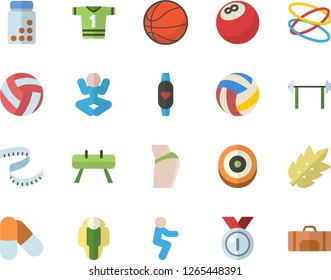Color flat icon set barbell flat vector, medal, bowling ball, basketball, volleyball, centimeter, buttocks, vitamins, sports equipment horse, sport T shirt, target, pills, yoga, squats, hoop, bag