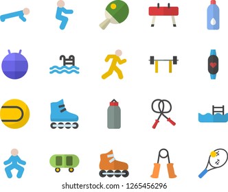 Color flat icon set barbell flat vector, skateboard, skipping rope, carpal expander, sports equipment horse, pear, tennis ball, fitball, roller Skates, gymnastics, squats, push up, run, water, pool