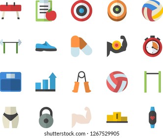 Color flat icon set barbell flat vector, weight, pedestal, sneakers, volleyball, diet, achievement chart, weighing machine, muscles, waistline, stopwatch, carpal expander, parallel bars, target