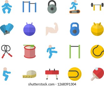 Color flat icon set barbell flat vector, weight, centimeter, muscles, skipping rope, parallel bars, sports equipment horse, tennis ball, fitball, boxing gloves, Treadmill, gymnastics, squats, table