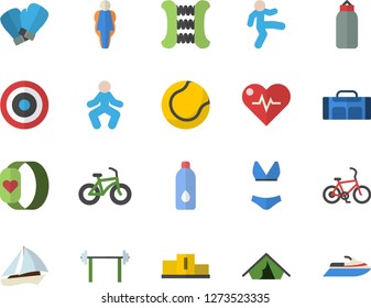 Color flat icon set barbell flat vector, pedestal, heartbeat, bicycle, carpal expander, sports pear, tennis ball, boxing gloves, swimsuit, target, gymnastics, water, fitness bracelet, size, tent