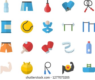 Color flat icon set barbell flat vector, centimeter, muscles, skipping rope, parallel bars, sports pear, athletic shorts, tennis ball, fitball, boxing gloves, yoga, proteins, water, table