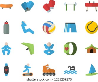 Color flat icon set barbell flat vector, skateboard, volleyball, sports equipment horse, pear, athletic shorts, tennis ball, boxing gloves, roller Skates, yoga, Treadmill, gymnastics, swing press