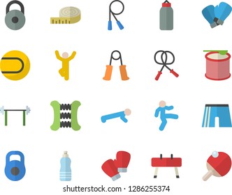 Color flat icon set barbell flat vector, weight, centimeter, skipping rope, carpal expander, sports equipment horse, pear, athletic shorts, tennis ball, boxing gloves, gymnastics, push up, steroids
