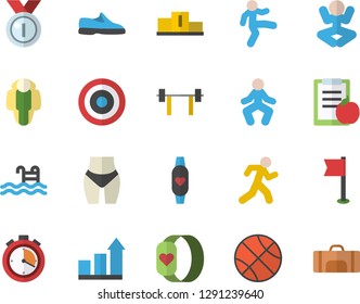 Color flat icon set barbell flat vector, medal, pedestal, sneakers, basketball, diet, achievement chart, waistline, stopwatch, sports flag, target, yoga, gymnastics, run, pool, fitness bracelet