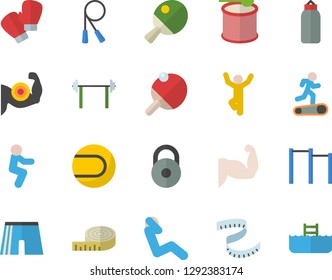 Color flat icon set barbell flat vector, weight, centimeter, muscles, skipping rope, parallel bars, sports pear, athletic shorts, tennis ball, boxing gloves, Treadmill, squats, swing press, steroids